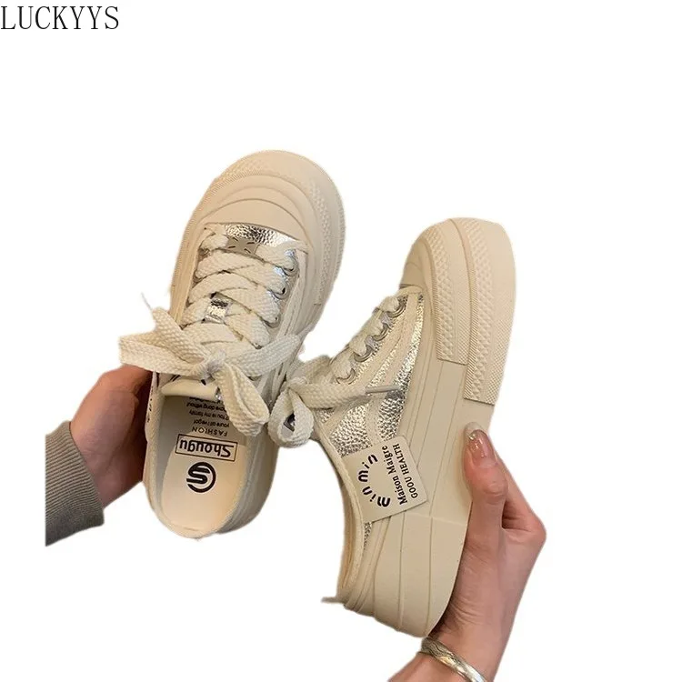 2024 Summer New Little White Shoes Half Slippers Leather Topped Headband Thick Sole Casual Lazy Slippers Silver Breathable