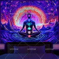 Blacklight Seven Chakra Tapestry Yoga Meditation Wall Tapestry UV Reactive Boho Mountain Cloud Spiritual Tapestry Home Decor