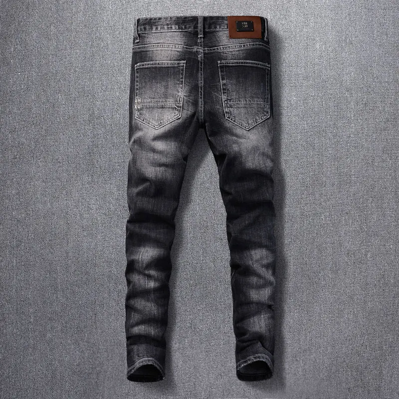 Newly Designer Fashion Men Jeans Retro Black Gray Stretch Slim Fit Vintage Ripped Jeans Men Patched Designer Hip Hop Denim Pants