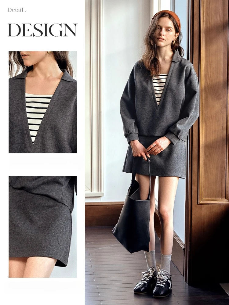 ชุดเซ็ตเสื้อสเวตเตอร์ถักไหมพรมสีเทา Oriel Casual Temperament และกระโปรง OLrain รุ่นใหม่ประจำฤดูใบไม้ร่วงปี 2025
