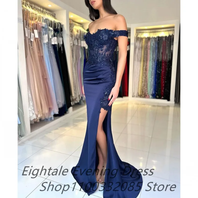 Eightale Customized 2025 Navy Blue Mermaid Prom Dress Off Shoulder Floral Appliques Evening Dress Women Formal Party Gown