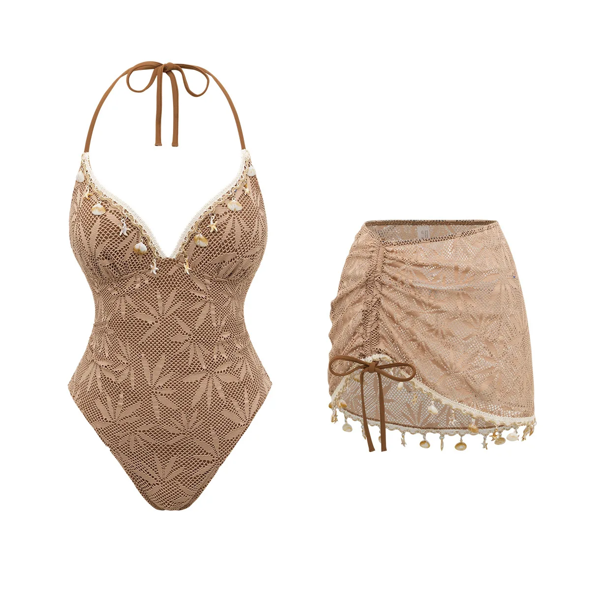 sexy mesh hollow out starfish pendant swimsuits bodysuits two pieces with drawstring mini skirt bathing suit swimwear biquini