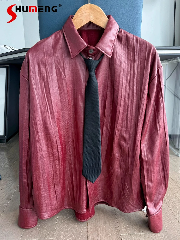 

Men's Faux Leather Glossy Pleated Tops Men's 2025 Autumn Winter New Loose Fashion Shirts Male Handsome Glossy Tie Simple Shirts