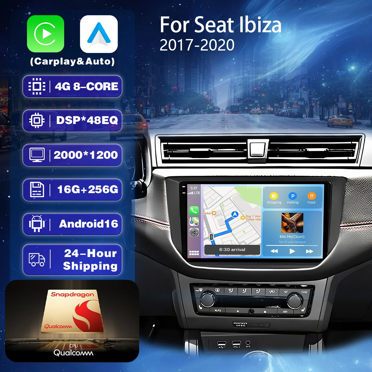 Reproductor Multimedia Android 16 para Seat Ibiza 2017-2020, Pantalla Carplay, Control desde el Volante, Autoestéreo, WIFI+4G, 2 DIN, GPS