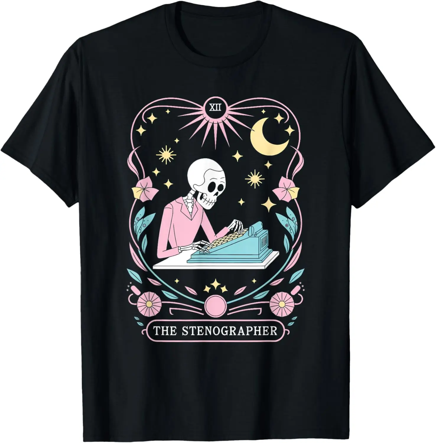 

Skeleton Stenographer Tarot Card Graphic Tee Men's Casual Short Sleeve Cotton T-Shirt Daily Wear