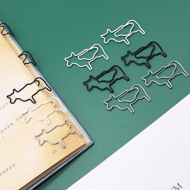 10pcs White Cow Creative Cartoon Paper Clip Metal Animal Shape Cute Bookmark Paper Pin Office Paper Clips Decorative Paperpins