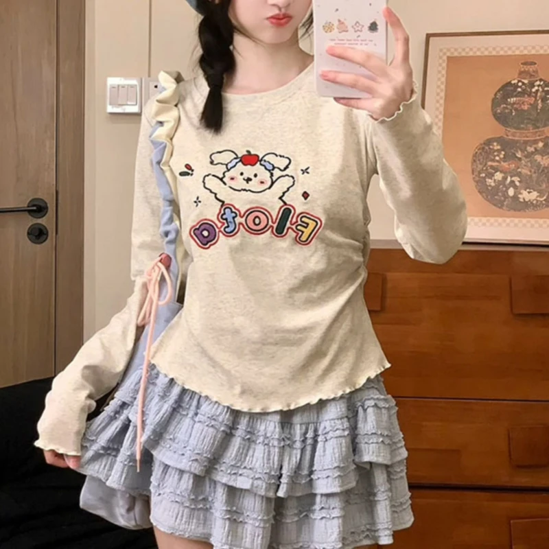 

Y2k эстетичная вышивка с изображением мультяшной собаки Женская японская милая Лолита с длинным рукавом топы для девочек Харадзюку гранж кавайные футболки