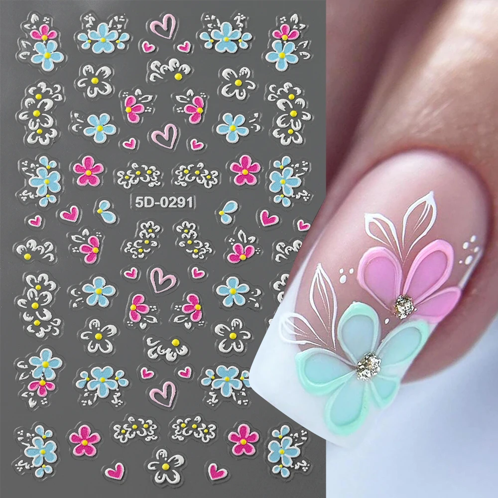 1Pc Plum Blossom 5D Embossed Nail Art Decals White Leaves Flowers Bouquet Adhesive Sliders Nail Stickers Decoration For Manicure