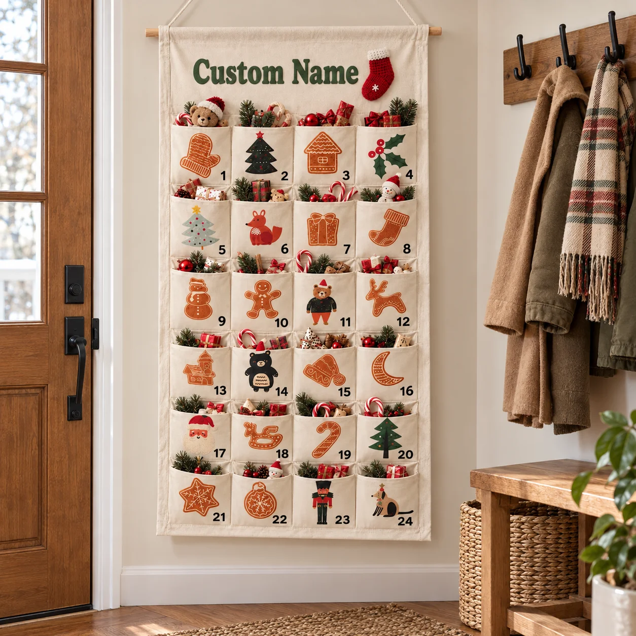 Personalized Advent Calendar Christmas Custom Name 24 Pocket Canvas Hanging Countdown For Kids Family Home Decor Christmas Gift