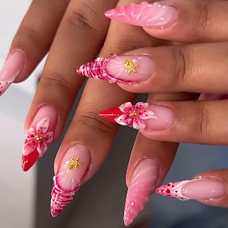 

VITAGWX 30pcs Summer Fake Nails Almond Press on Nails 3D Flower Decorated Nail Tips French Nails Beach Ocean Style Nail Art