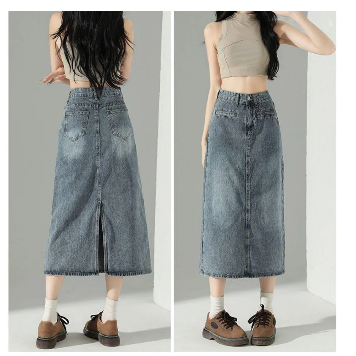 

Женская джинсовая юбка А-силуэта с высокой талией, базовая модель в корейском стиле, для весны и осени, повседневная макси-юбка в стиле «Hot Girl»