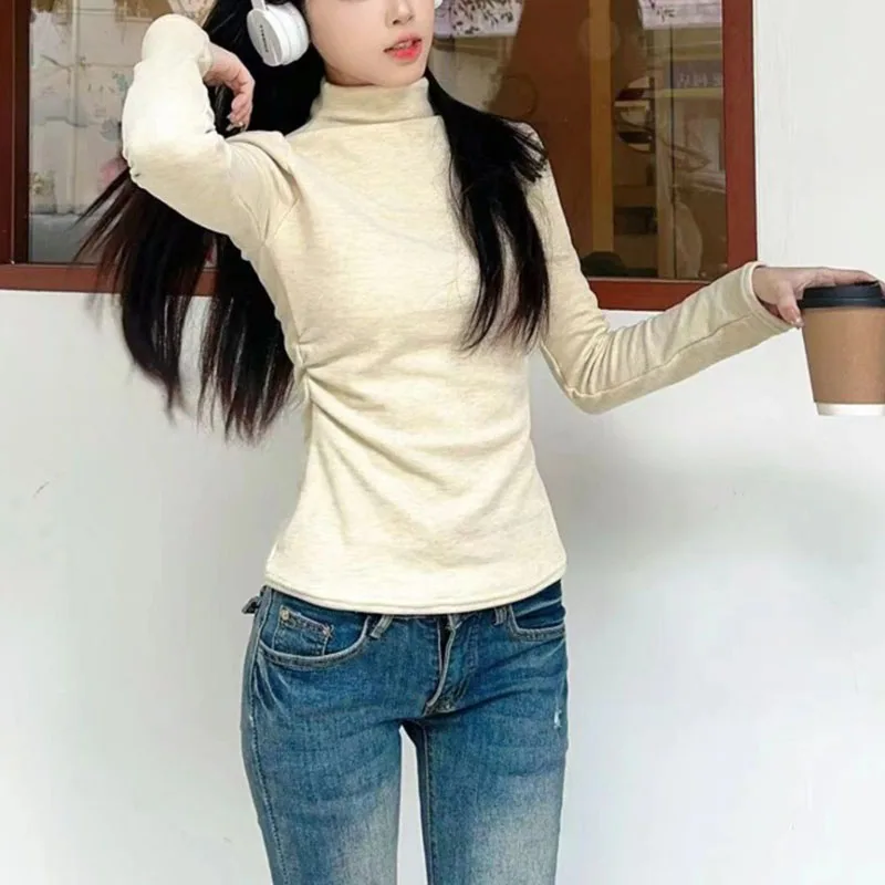 

Half Turtleneck Autumn Winter New Style Velvet Pleated Slim-fitting Top with Threaded Inner Layer Women