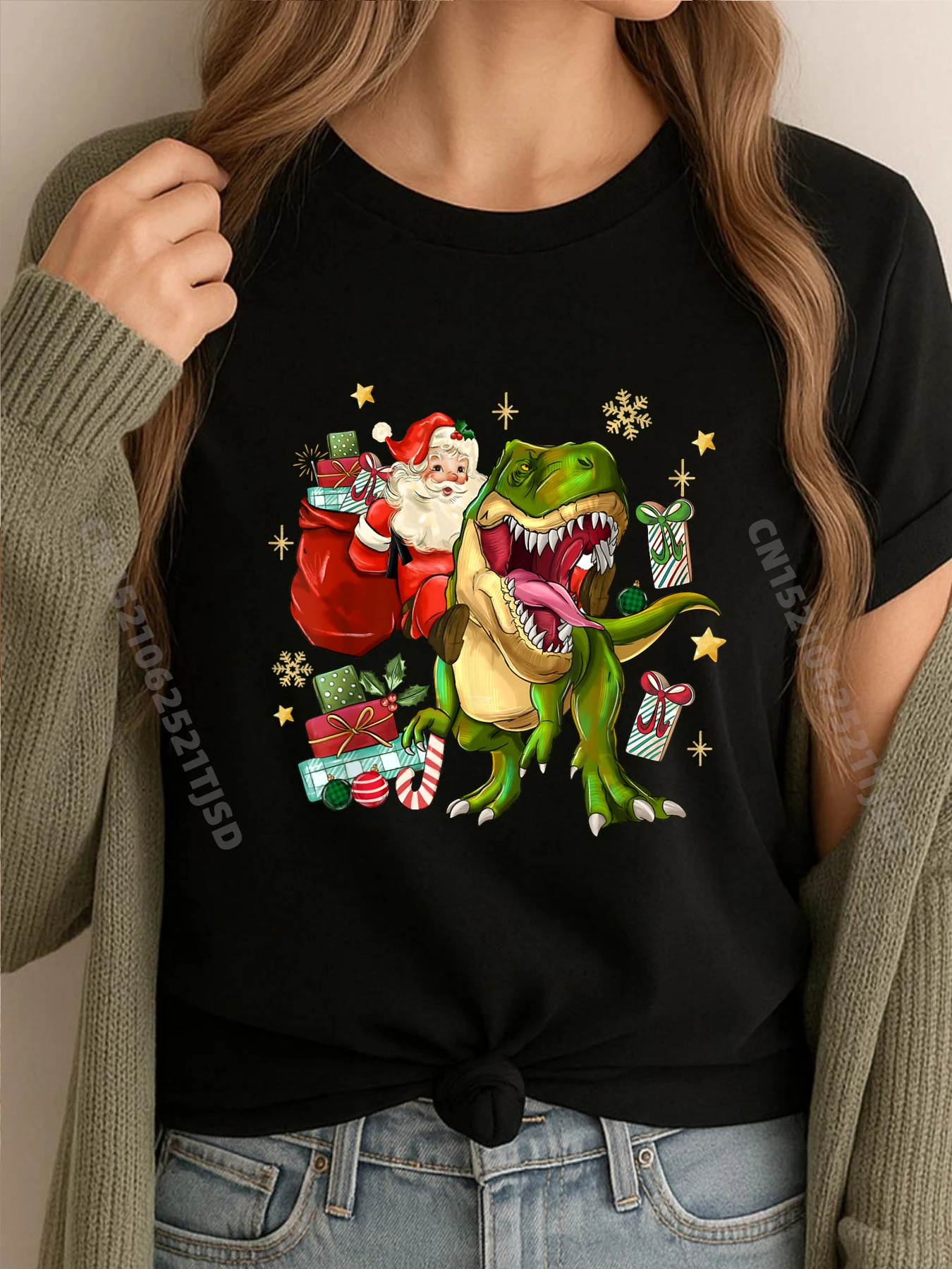 

С Рождеством Санта и динозавр Trex Рождественские графические футболки мужские осенние негабаритные футболки женские