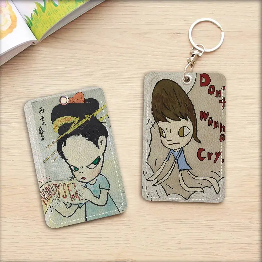 Y-Yoshitomo Nara Art Lovely Melancholy Rectangle Keychain Card Holder, Badge Credit Card Holder, Student ID Card Holder, Bus