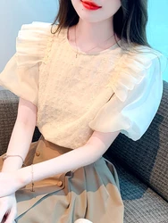 Summer Women Tops Short Sleeve Blouse Women Blusas Mujer De Moda 2024 Verano Ruffles O-Neck Chiffon Blouse Shirt Blouses G495