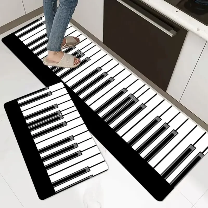 Kitchen Floor Mat Bathroom Door Mat Bedroom Bed Mat Carpet Machine Washable Piano Black and White Classic