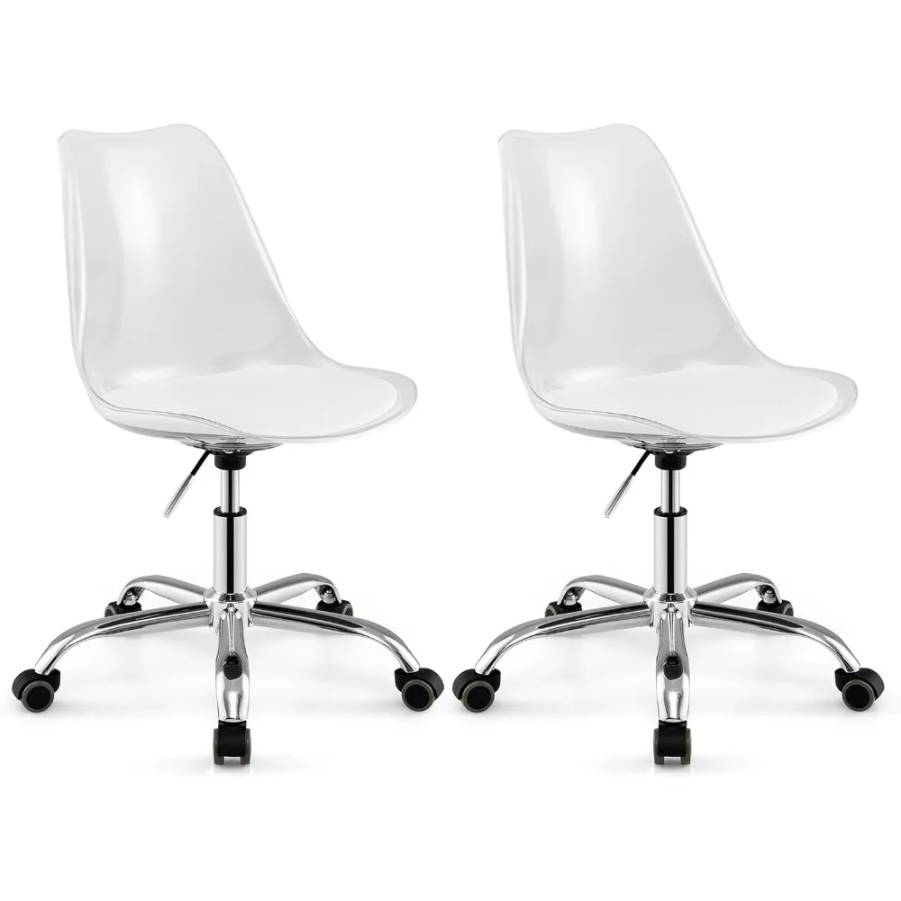 

Набор из 2 акриловых прозрачных настольных стульев Giantex, современный стул для небольшого домашнего офиса с подушкой из искусственной кожи и колесами, поворотный ролик без подлокотников