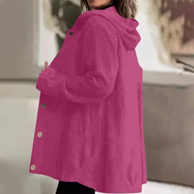 Women's Oversized Corduroy Hooded Coat, Lightweight Casual Fall Button Loose Comfy Fashion Outfits with Pockets