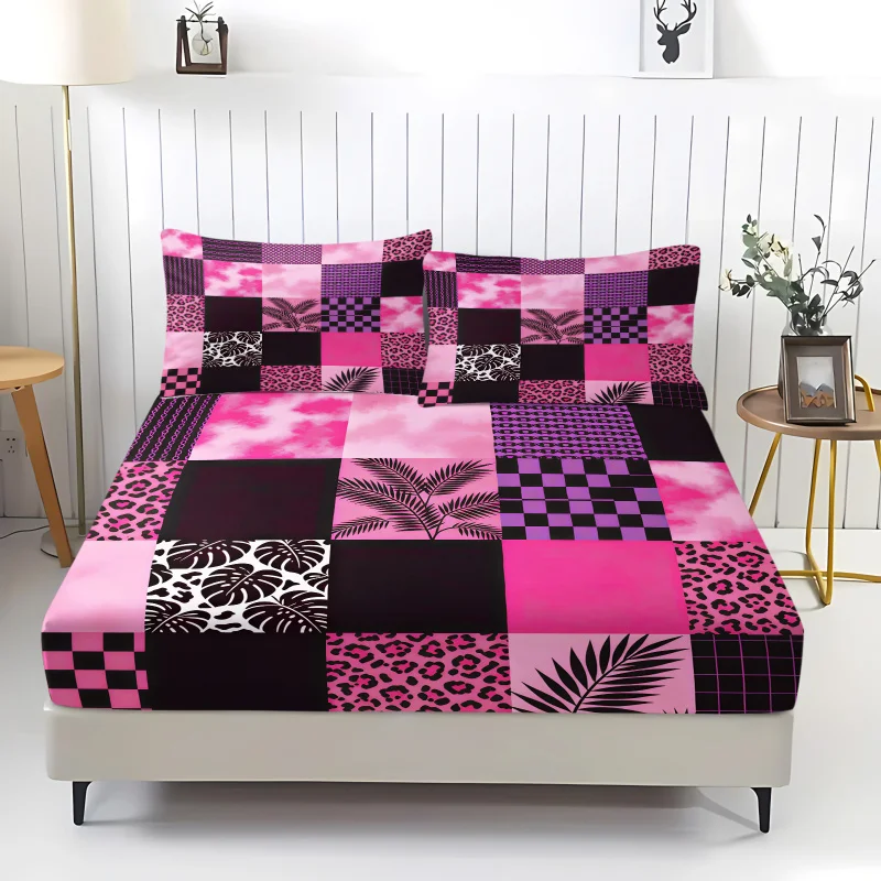 Y2K Pink Leopard Palm Patchwork Fitted Sheet Set Bed Sheet Set Bedding Set No Fillers HD Print Girly Teen Bedroom Bed Cover