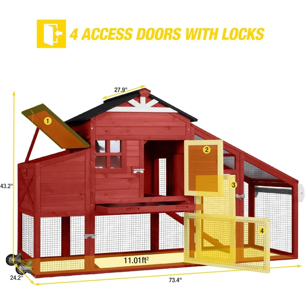 

Chicken Coop Outdoor Mobile, Chicken House, for 2-4 Chickens Wooden Hen House, 73.3" L Poultry Cage with Nesting Box