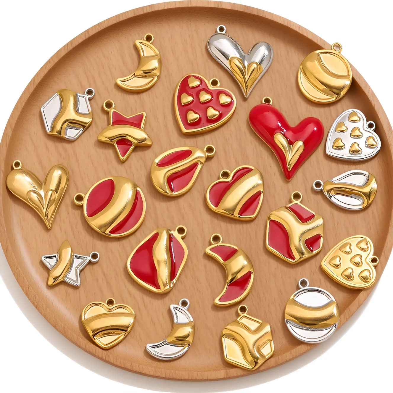5 Stück Edelstahl-Charms, 18 Karat vergoldet, rotes Herz, Anhänger für DIY-Schmuckherstellung, Ohrring, Halskette, Armband, Großhandel