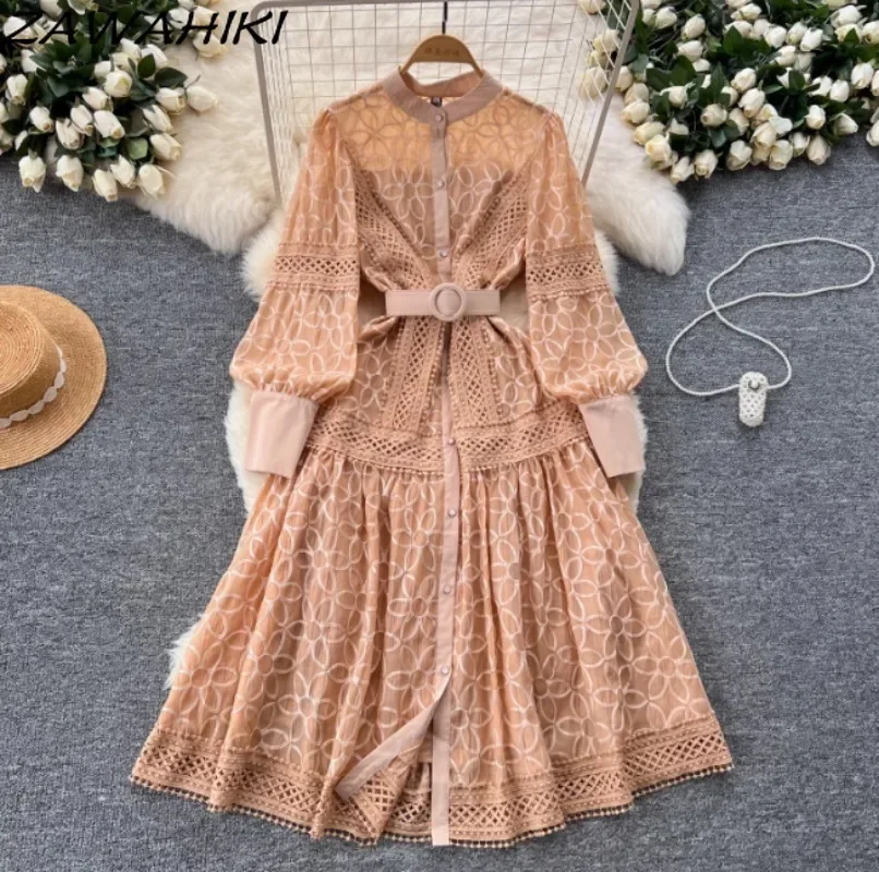 Retro Palace Style Dress for Women Heavy Embroidery Bandage Femme Robe Lantern Sleeve Slim Waist Vestidos Office Lady Dresses