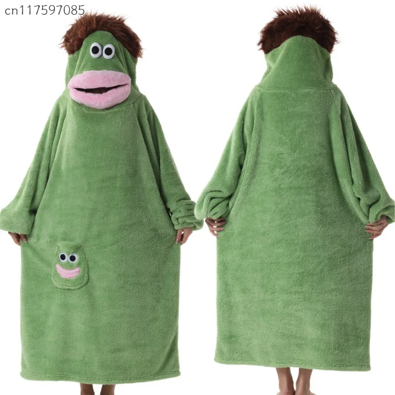 Funny Cute Big Mouth Monster Hooded Soft Cotton Fleece Hoodie-Blanket Winter Thickened Coral Fleece Homewear For Couples Pajama