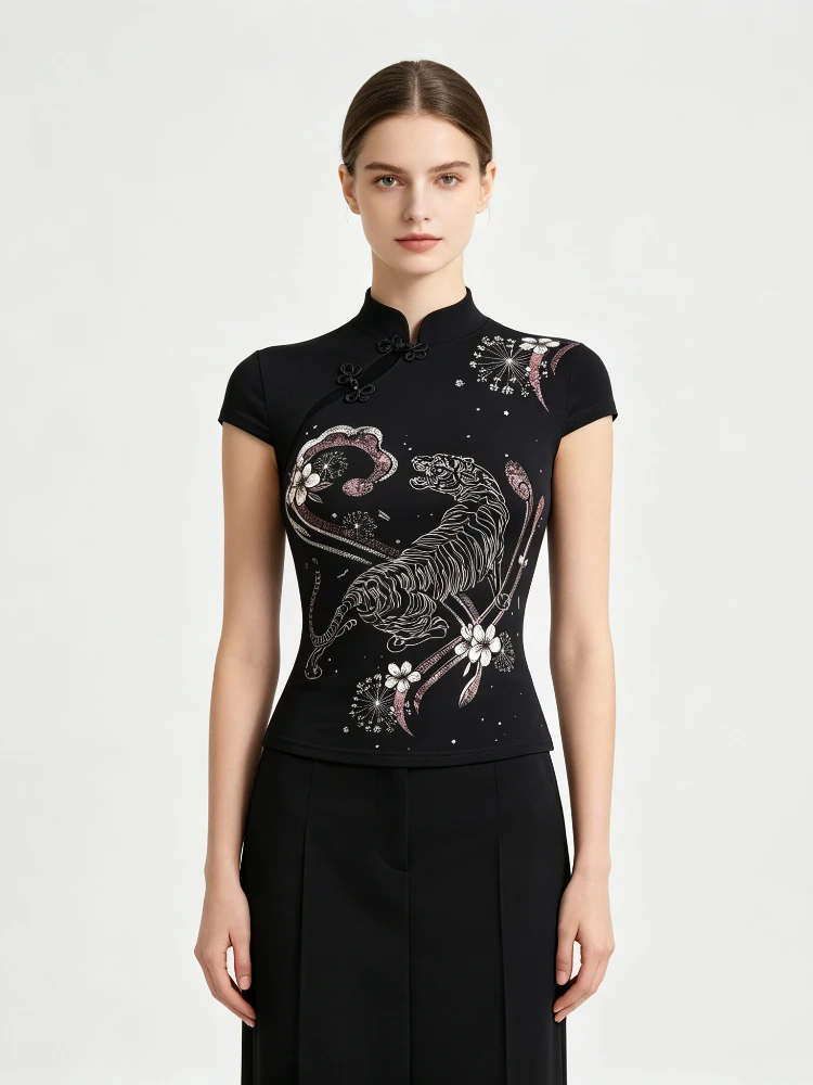 Y2K New Chinese Style Cheongsam Top Women Mandarin Collar Frog Fastener Tiger Flower Printed Cap Sleeve Slim Fitted Short Tee