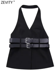 Zevity 2023 New Women Sexy Sleeveless Double Belts Design Slim Halter Vest Blouse Female Backless Shirts Blusas Chic Tops LS5525