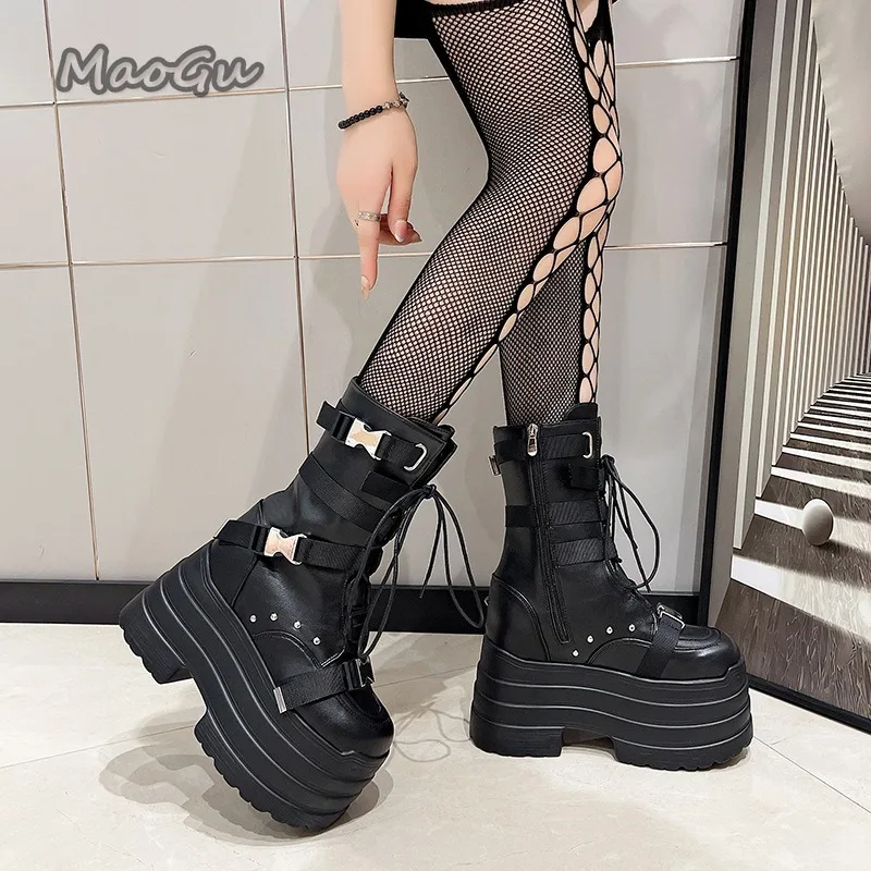 Fashion Design Super High Women's Boots Thick Bottom Buckle Straps Lace Up Gothic Short Boots Platform Botas Mujer Black White