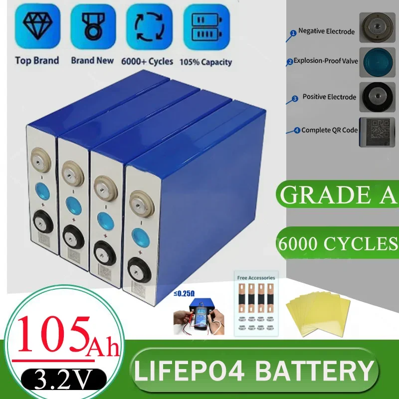 New 3.2V 105AH LiFePO4 Battery 100Ah Brand New Rechargeable Cell 6000+ Cycle Free Busbars DIY 12V 24V For EV Solar Battery Pack