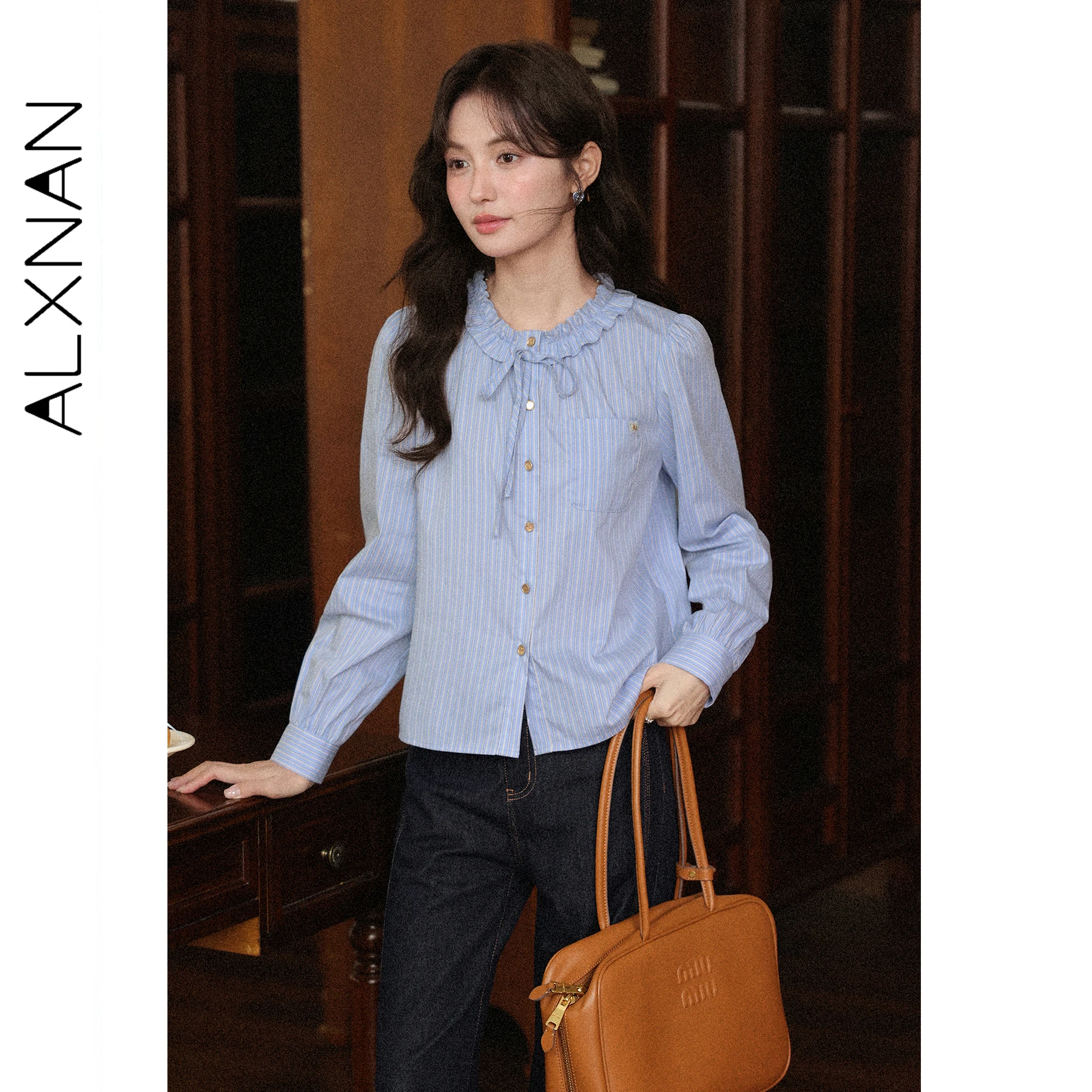 ALXNAN Blue Striped Shirt Lace Collar Long Sleeve Cotton Women's Shirts 2025 Autumn Casual Office Lady Fashion Top Ladies L57037