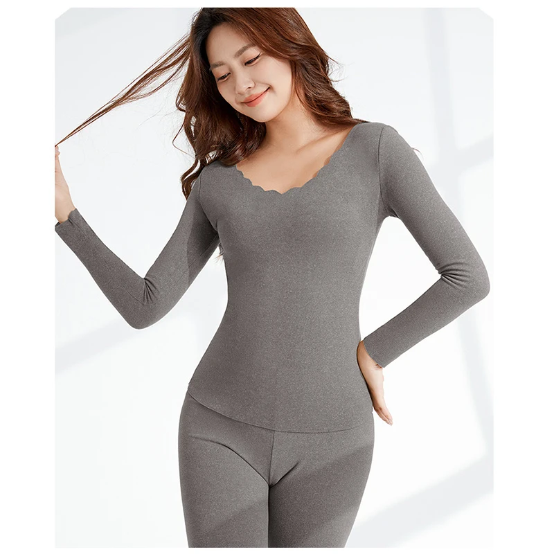 New Thermal Underwear With Plush Thickened Round Neck Solid Color Heating Clothes Autumn Pants Women\'s Set Women\'s home clothing