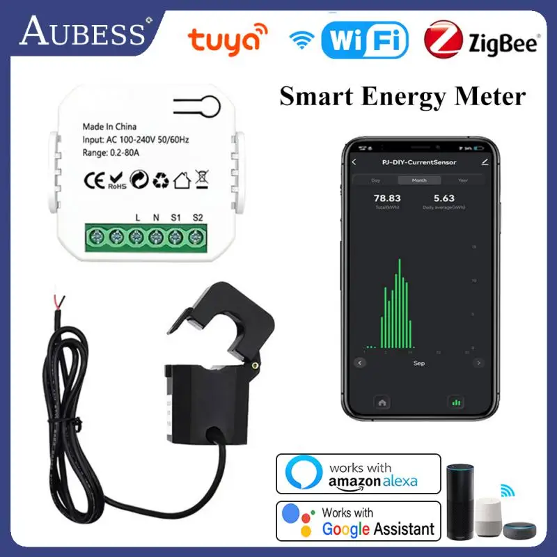 Tuya Zigbee WiFi Smart Energy Meter 80A Current Transformer Clamp Smart Home Automation Power Monitor Electricity Statistics