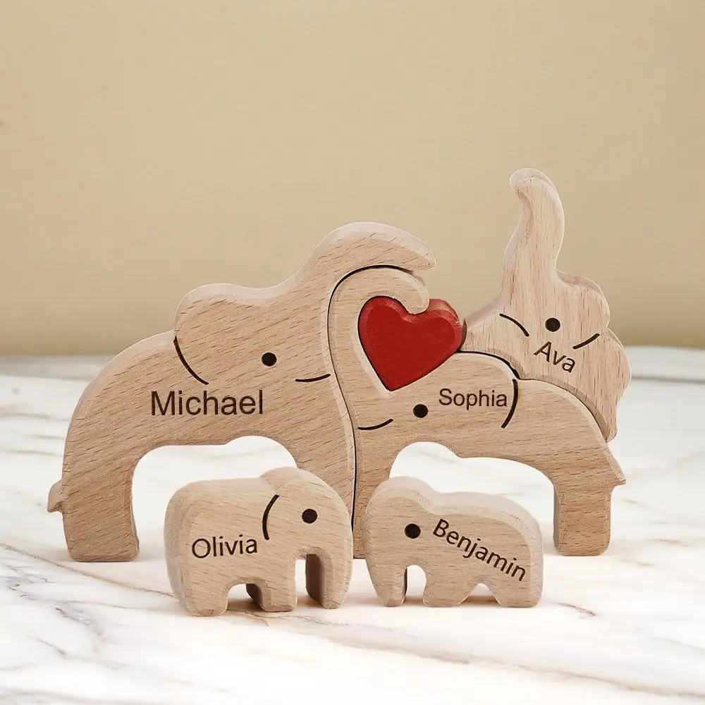 Wooden Elephant Puzzle Custom Family Name Sculpture for Christmas House Warming Gift Wooden Decor Gift for Mom and Dad