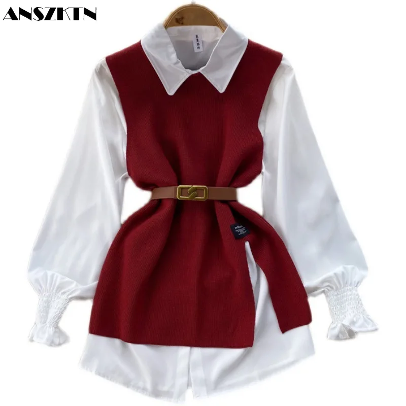 ANSZKTN Womem Spring Autumn College Style Waistband White Long Sleeve Shirt Knitted Vest Two Piece Shirt Top Blouses Shirts