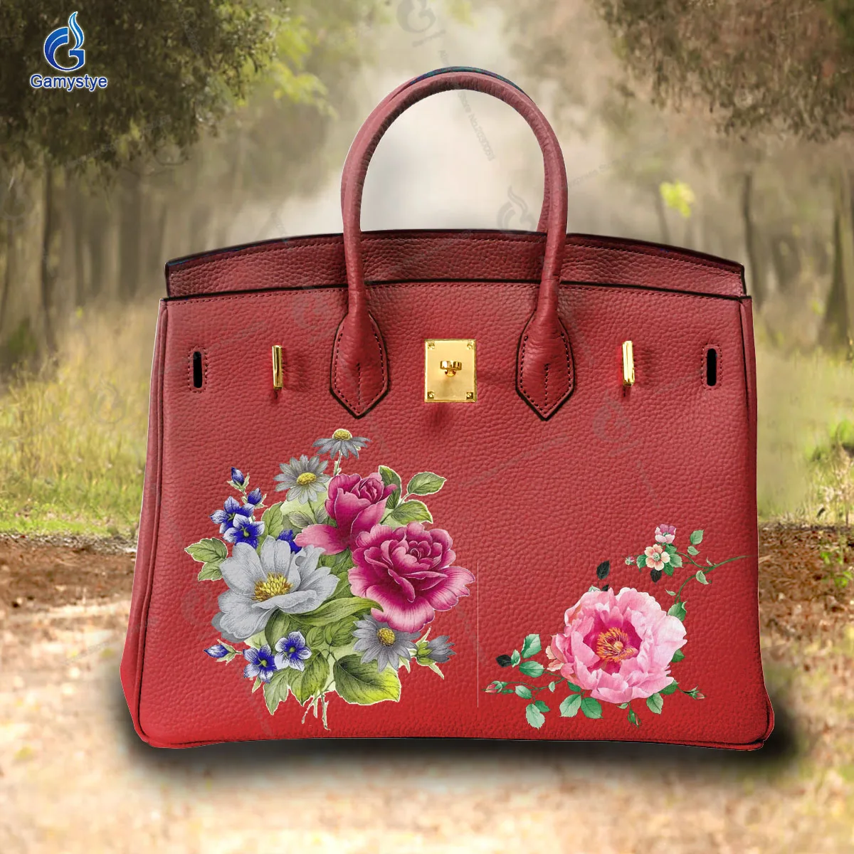 

Art Print A few blooming flowers Customize Totes Genuine Leather Designer Totes Women purses and handbags Gold Lock Hardware New