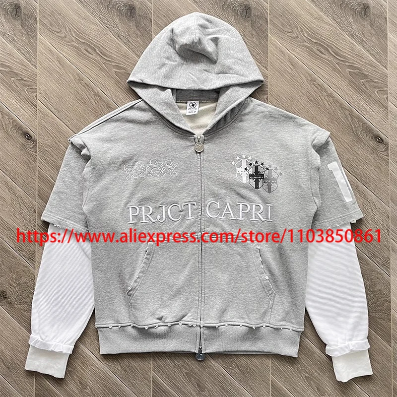 

New Brand Project Capri Hoodies Letter Embroidery Print Casual Fake Two-piece Set Cactus Jack Zipper Cardigan Hooded Sweatshirt