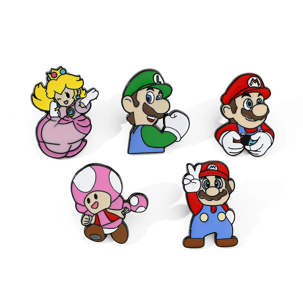 5 Pcs Cartoon anime Super Mario Luigi Creative Metal Badge Cute Shy Peach Princess Alloy Brooch Drop Oil Pin accessories