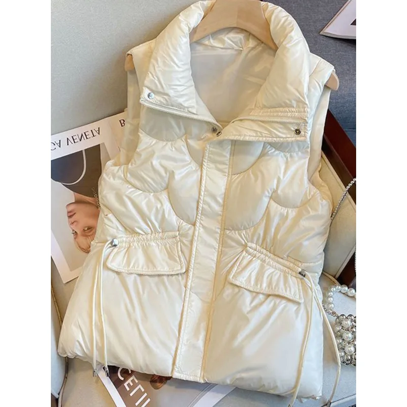 Women's Down Cotton Waistcoat No Washing Required Shiny Finish Short Style Loose Fit Stand-up Collar Waistcoat Winter Outerwear