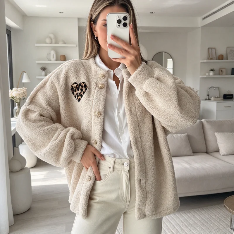 Teddy Coat Women Jacket Long Sleeve Button Down Casual Loose Plush Outwear With Leopard Print For Daily Office Street Holiday