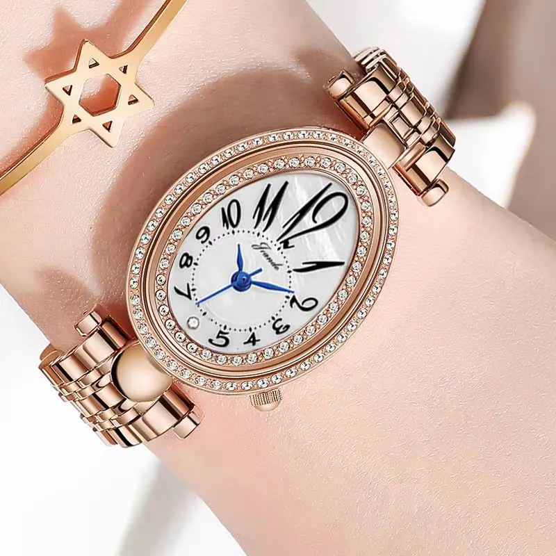 Elegant Women Diamond Watch Leather Red Waterproof Oval Female Hand Watch Steel Small Original Luxury Ladies Wristwatch Golden