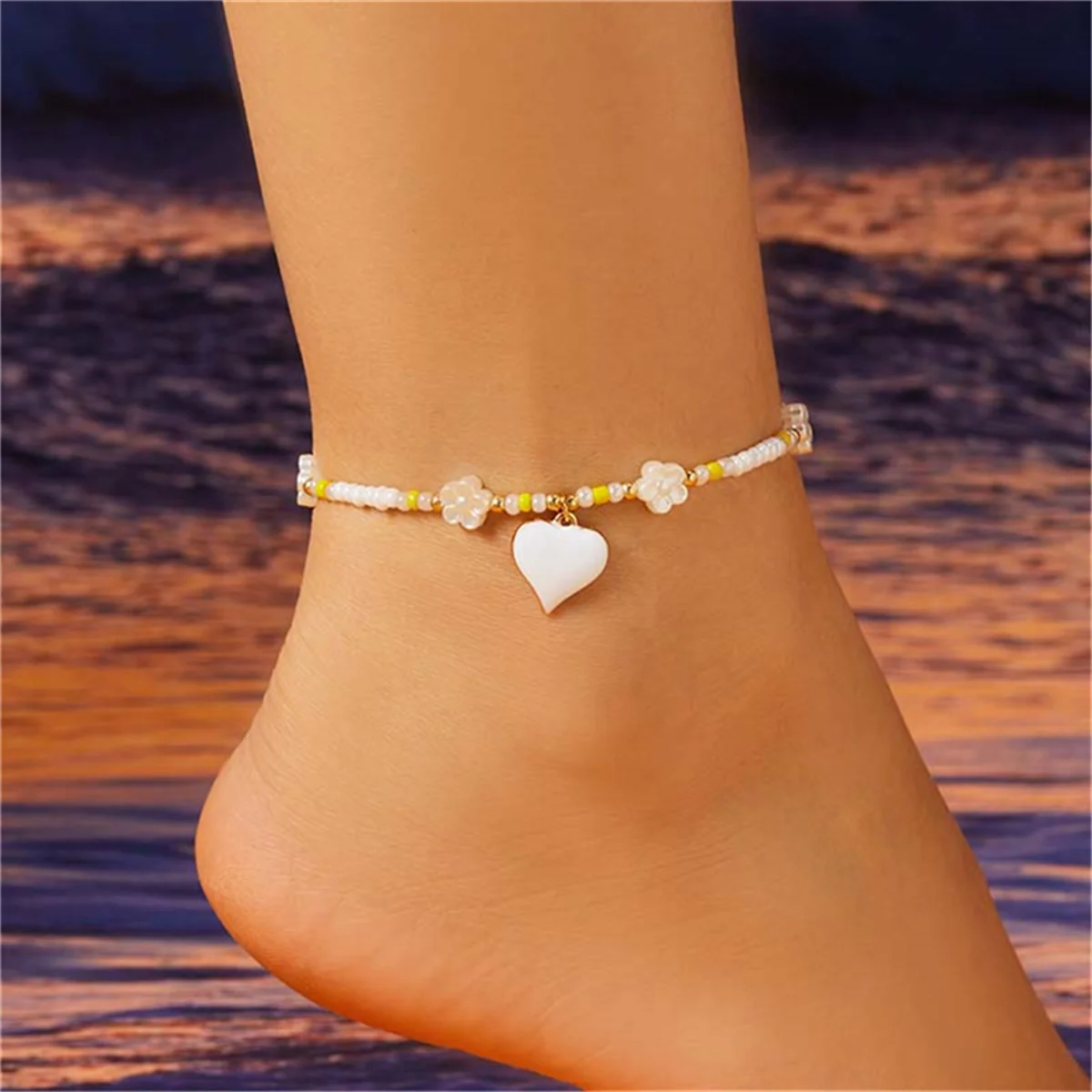 Boho Colorful Enamel Heart Flower Anklets For Women Charm Small Resin Beads Ankle Bracelet Summer Beach Barefoot Chain Jewelry