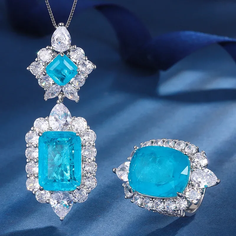 S925 Silver Plated 18K Gold Plated PT950 Platinum Paraiba Vintage Set Pendant 13 * 18 Ring 15 * 20