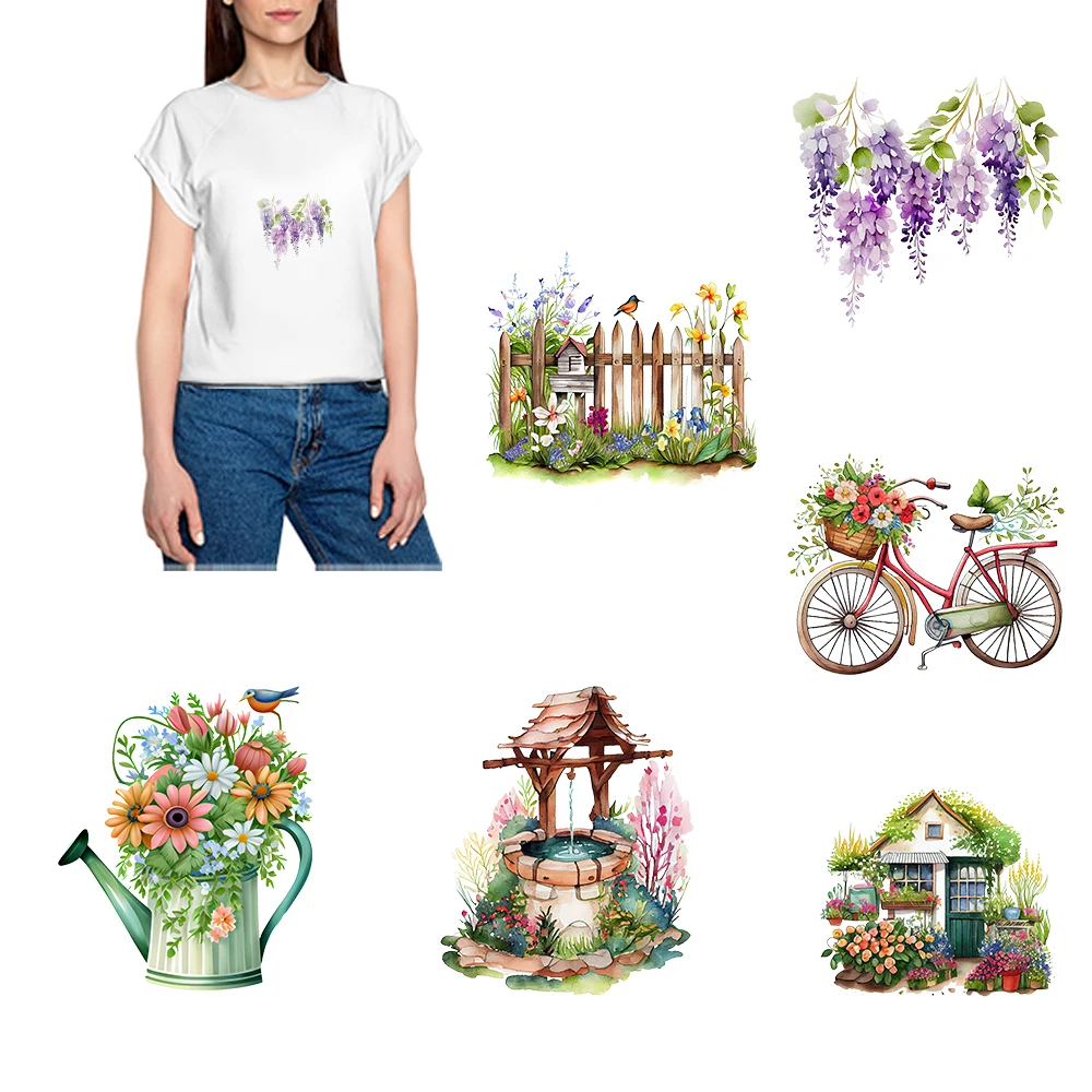 Manor Wells Fence Flower Beds Bicycle Birds Iron on Transfers for T Shirts Dtf Transfers Ready to Press Patch Transfer DIY Arts