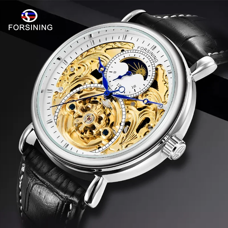 

FORSINING модные водонепроницаемые мужские механические часы с синими стрелками, роскошные белые, золотые, с дисплеем, черная натуральная кожа, фаза Луны