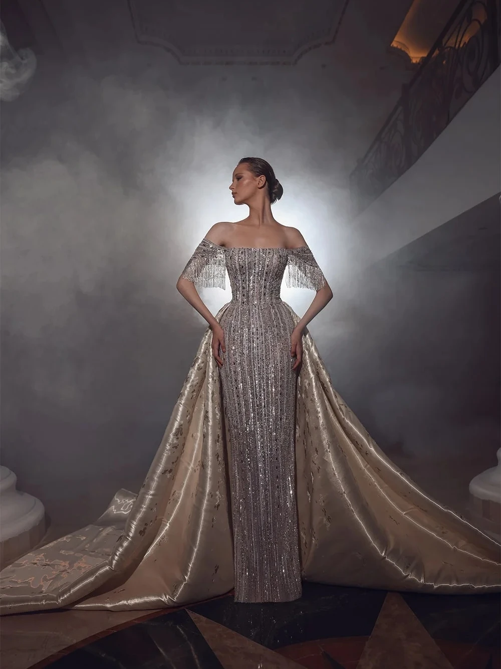 ชุดแต่งงานแบบตรงประดับพู่ระยิบระยับ DMDRS พร้อมชายกระโปรงถอดได้ ประดับด้วยลูกปัด ดีไซน์หรูหราแบบเปิดไหล่ ชุดเจ้าสาวสั่งตัดได้