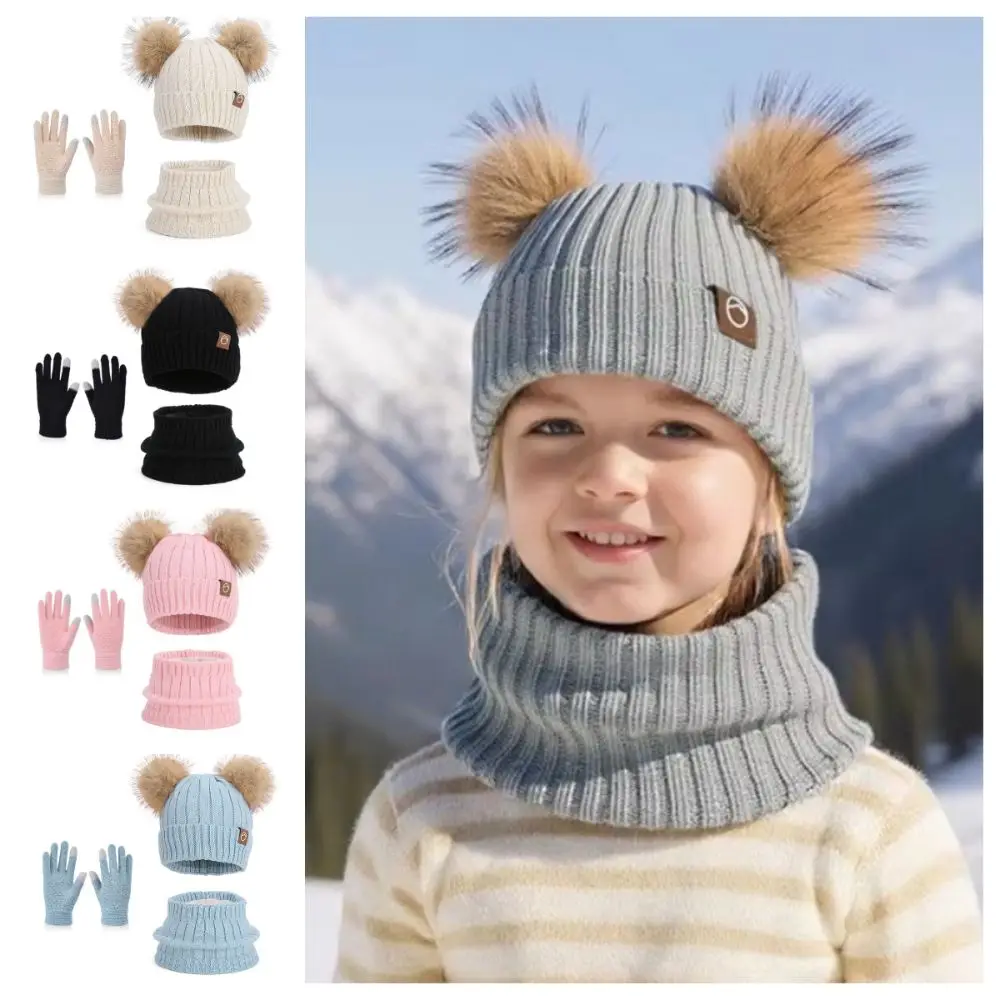 

3Pcs/ Set Fleece Lined Hat Scarf Gloves Set Knitted Cap Thickened Material Children's Beanie Cap Windproof Warm Thicken