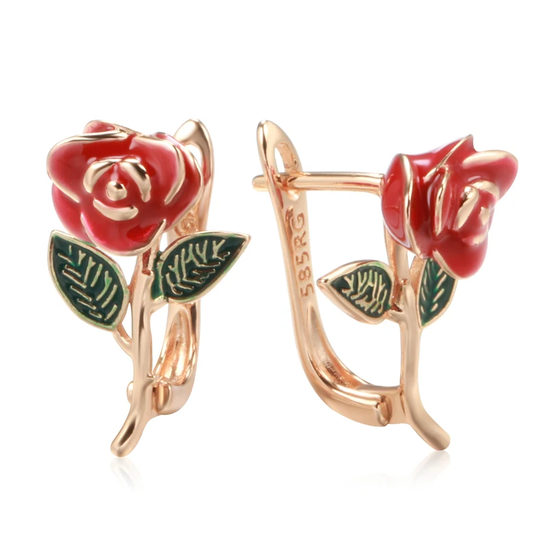 Kinel New Creative Rose Earrings For Women 585 Rose Gold Color Red Enamel Fashion Fine Jewelry Party Cute Vintage Drop Earrings