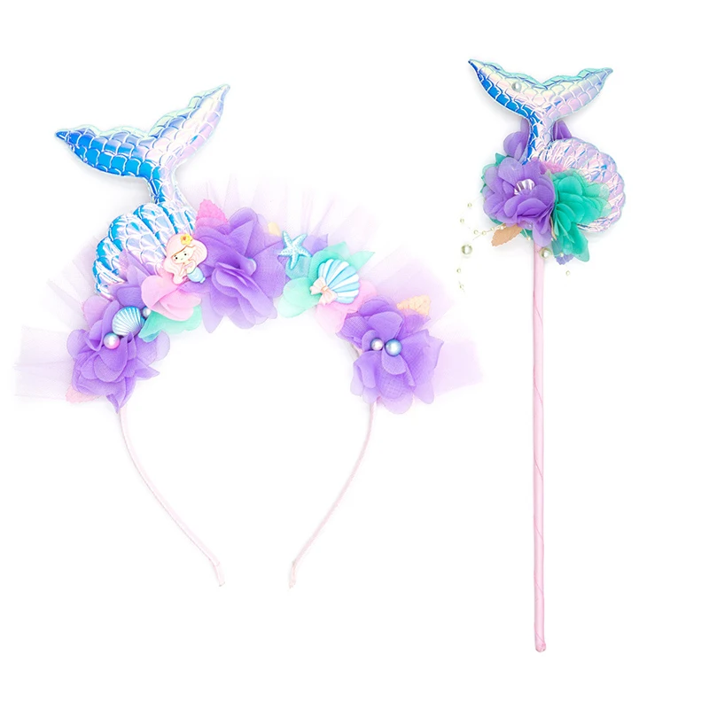 Colorful Mermaid Tail Hairband Children Cartoon Starfish Fairy Wand Set Sequins Fairy Tale Princess Dress Up Party Photo Props